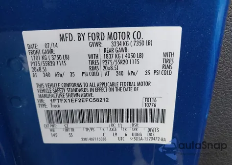 2014 Ford F-150 Stx из США, поврежденный, VIN 1FTFX1EF2EFC58212